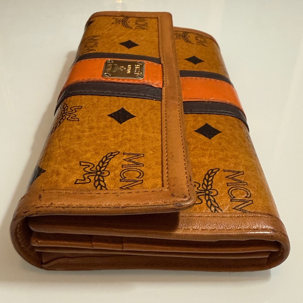 MCM Brown and Black Logo Continental Wallet with Orange Accent - Picture 9 of 11